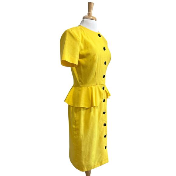 80s Apostrophe Sunflower Yellow Peplum Midi Dress Secretary Big Shoulder - Picture 3 of 6